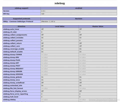 Phpinfo zona xdebug